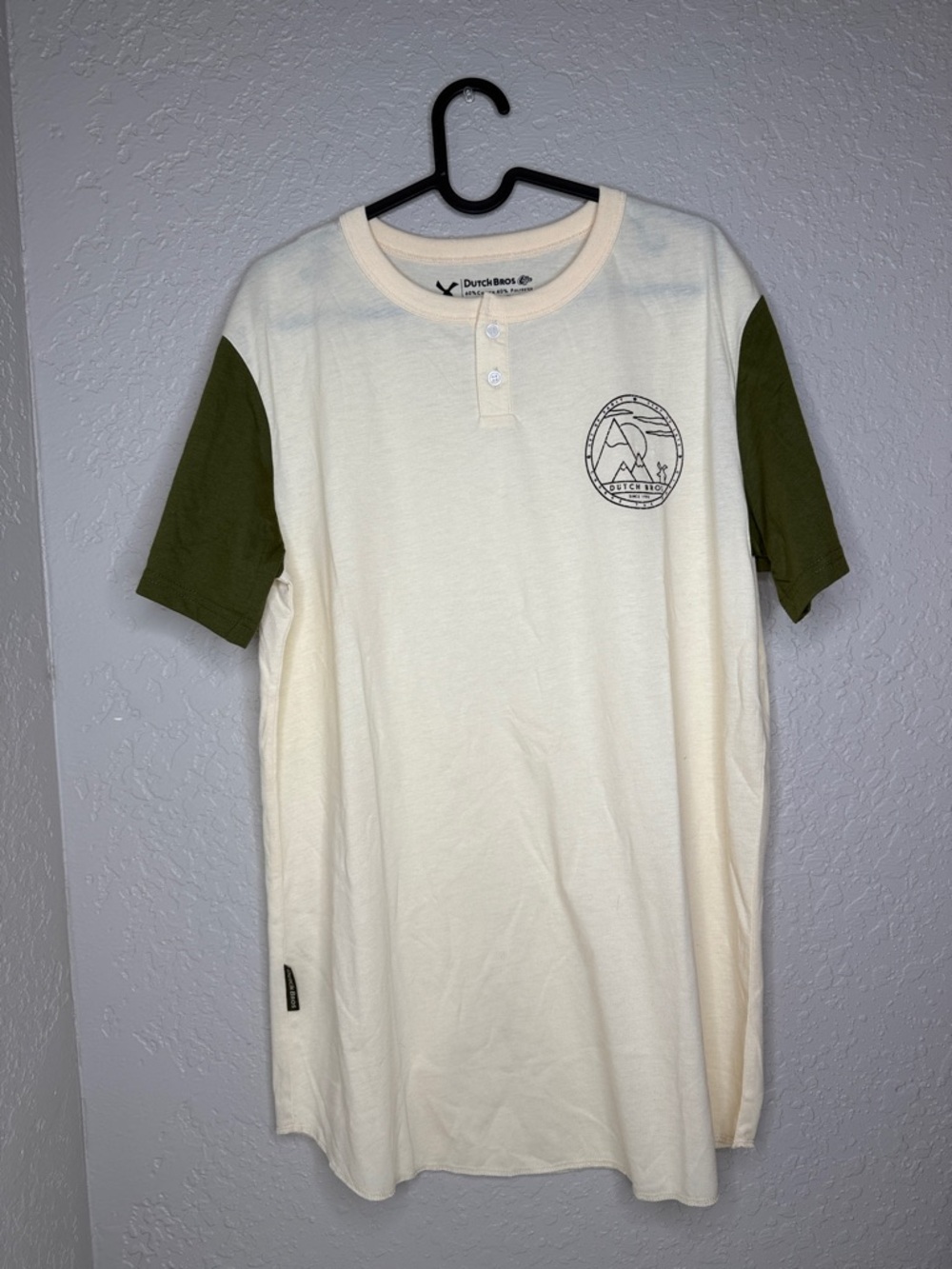 Never worn Dutch Bros Cream Henley with Olive Short Sleeves - Men's Tee